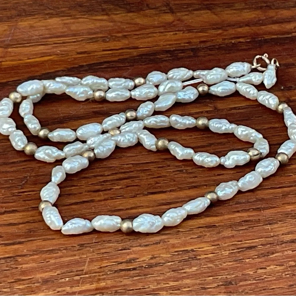 14K Gold Vintage Real Rice Pearl Necklace 16" - Picture 2 of 6